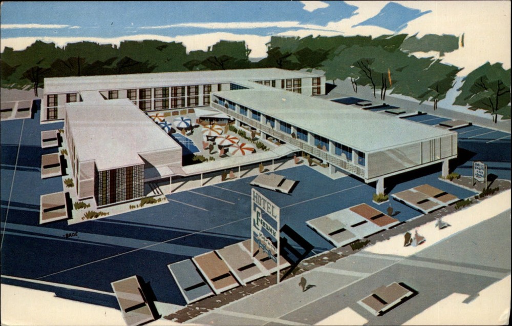 Boston Massachusetts ~ Fenway Motor Hotel ~ artist rendering ~ pool ~ postcard