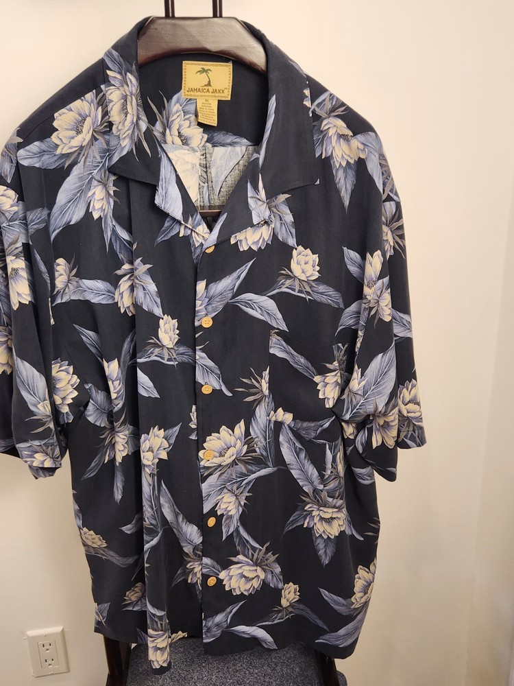 Jamaica Jaxx 100% Silk Shirt Short Sleeve Blue Hawaiian Floral Tropical Size XL