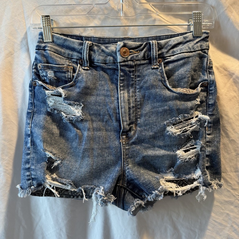 American Eagle High-Rise Shortie Size 6 Blue Distressed Super Stretch AEO Denim