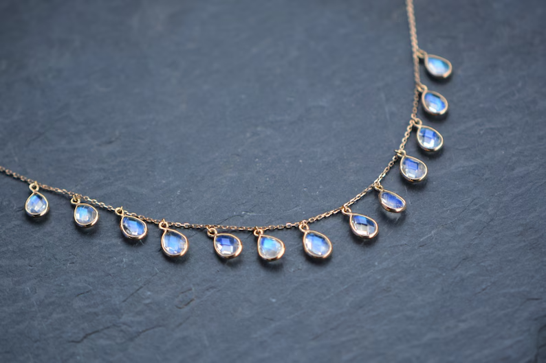 Natural Moonstone Rose cut Silver 925 Charm Vintage Women's Necklace