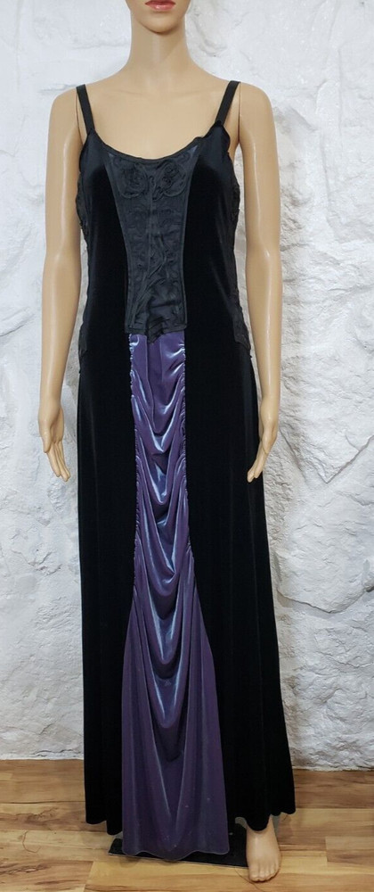 Vintage 90s Cykxtees Sleeveless Maxi Dress Black & Purple Velour Goth Punk Sz M