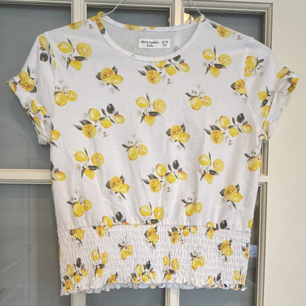 Abercrombie Kids Girls 13/14 Smocked Cropped Lemon Floral Crewneck T-Shirt