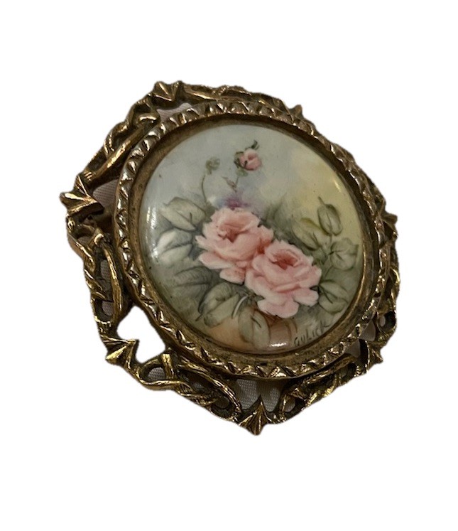Vintage Hand Painted Ceramic Brooch Signed by Artist