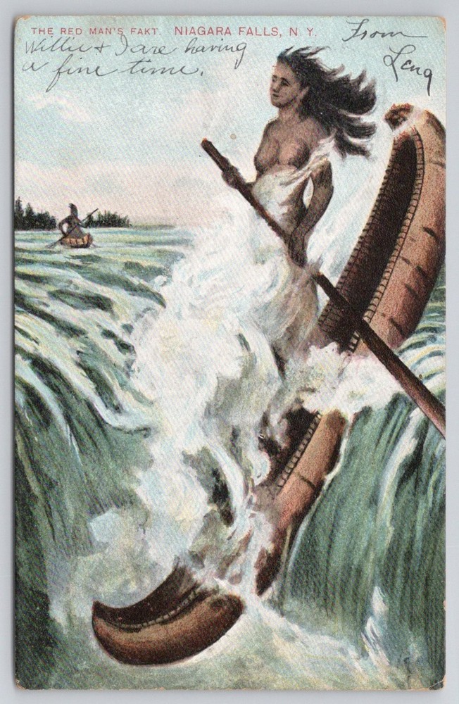 1907 Niagara Falls NY Postcard Native American Woman Canoe Rapids 