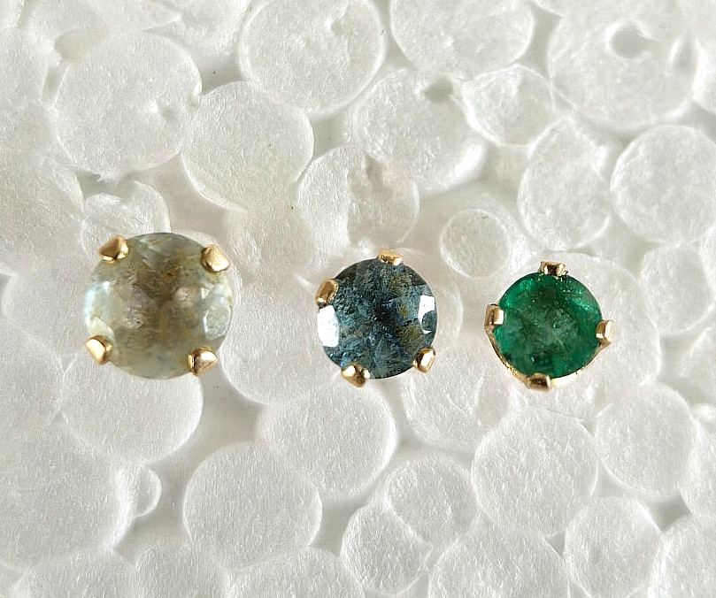 3 Vintage 14K 2 Tourmaline & 1 Aqua Gemstone Pierced Single Stud Earrings .67gr