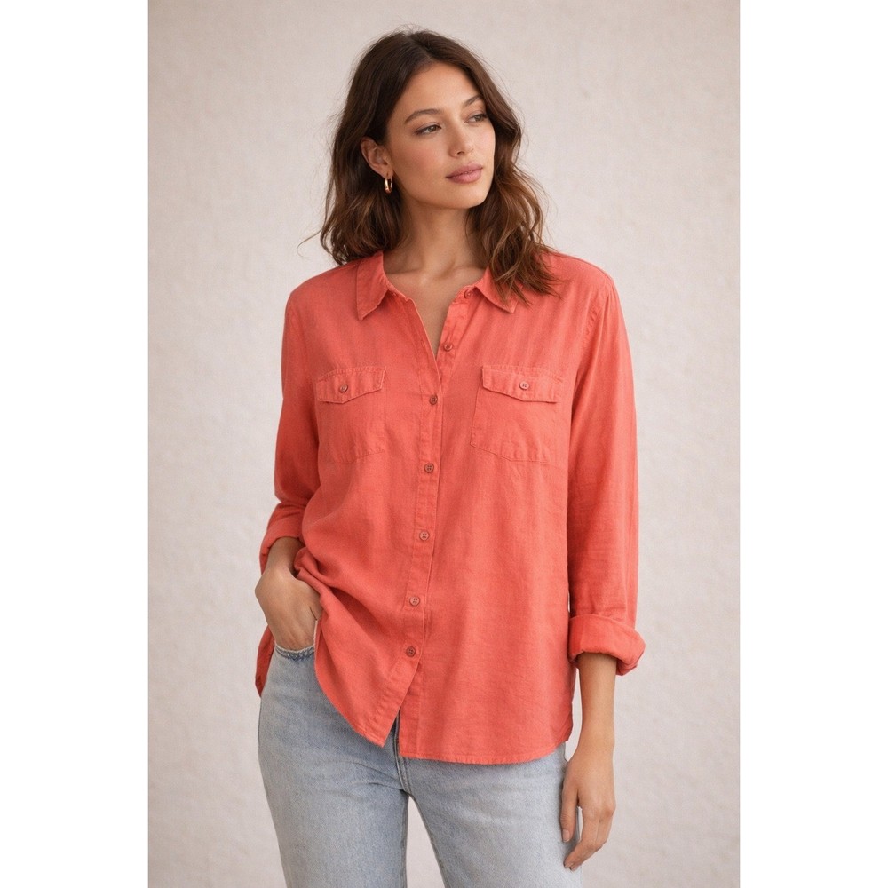 Kim Rogers Woman Coral Pink 100% Linen Button Down Shirt Plus Size 2X Pocketed