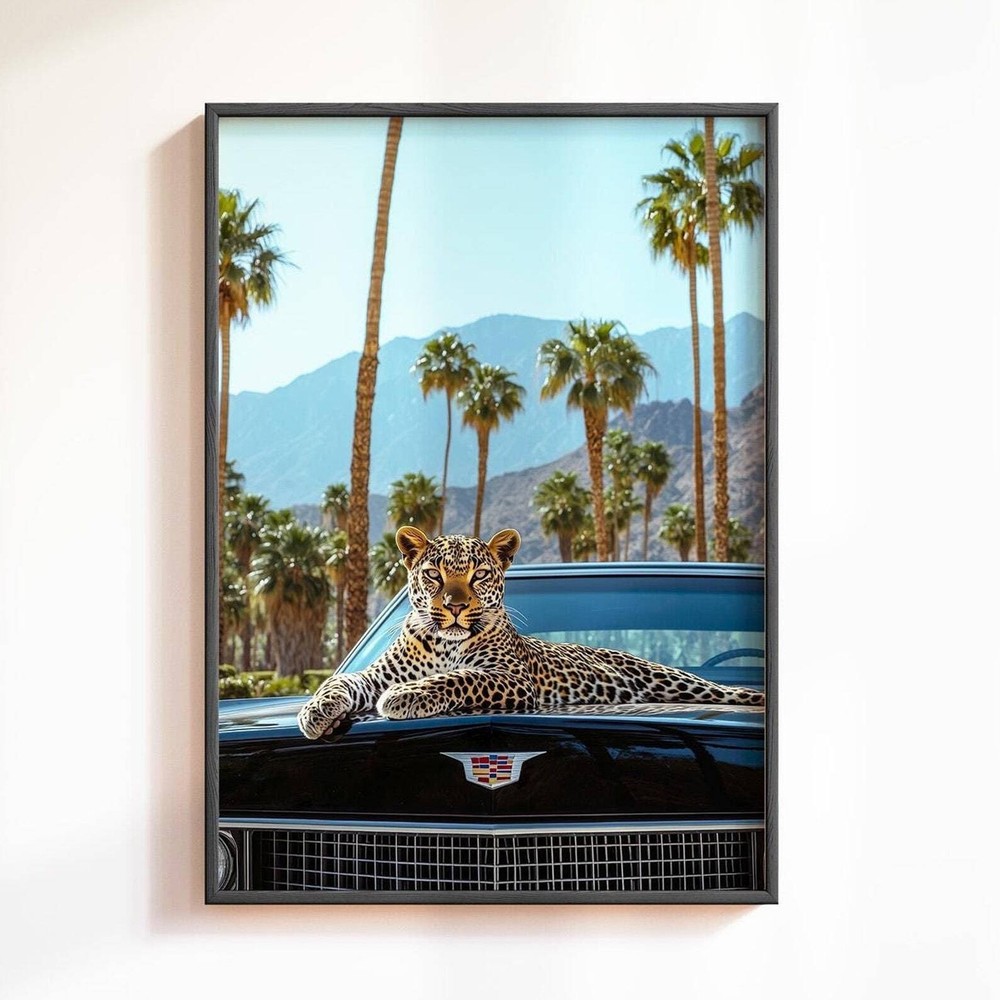 Leopard Poster Leopard On Black Classic Car Cheetah Poster Retro Wall Art