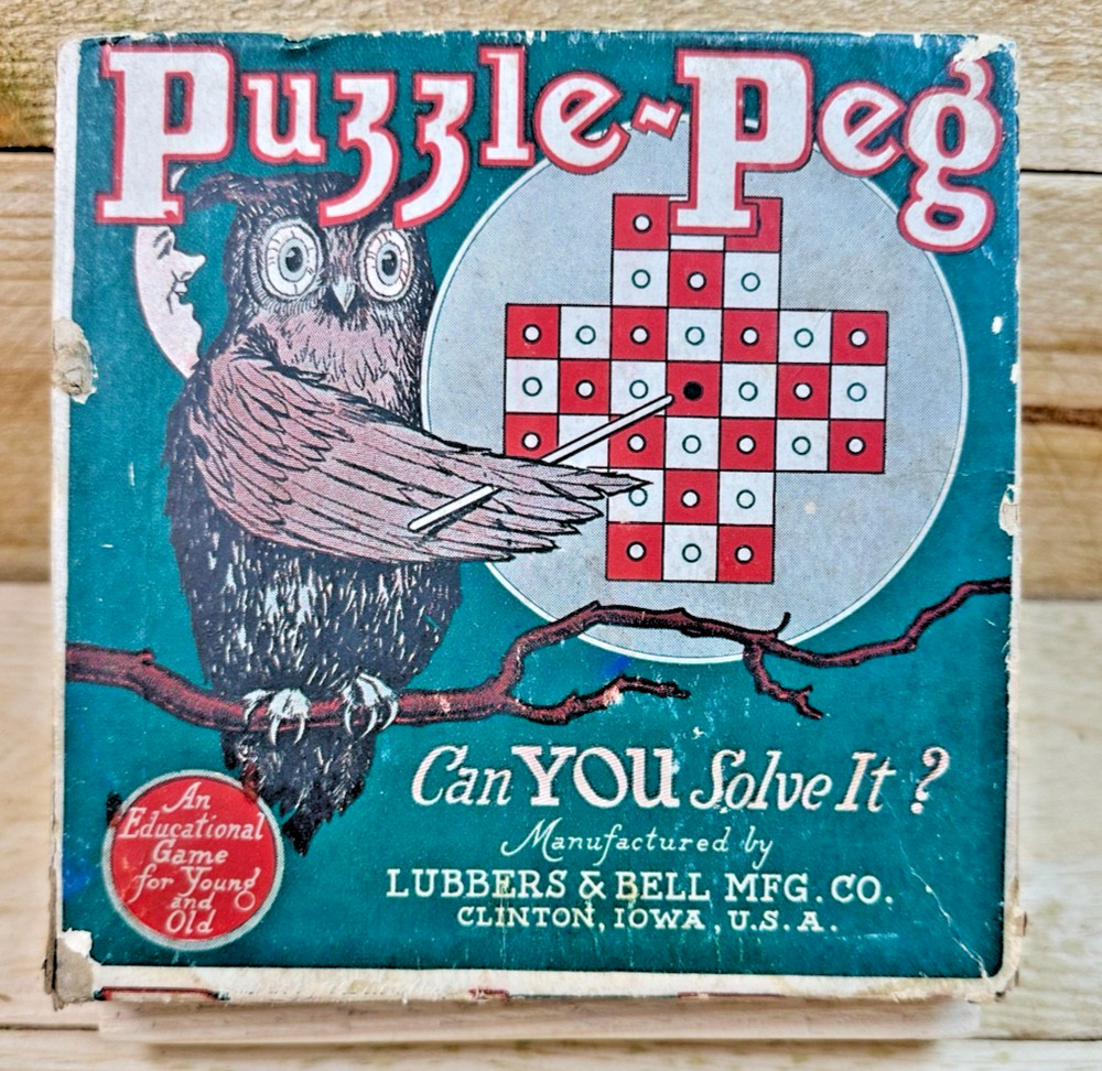 c1920-1930s Vintage Puzzle-Peg Peg Game Owl Box Lubbers & Bell - Clinton Iowa
