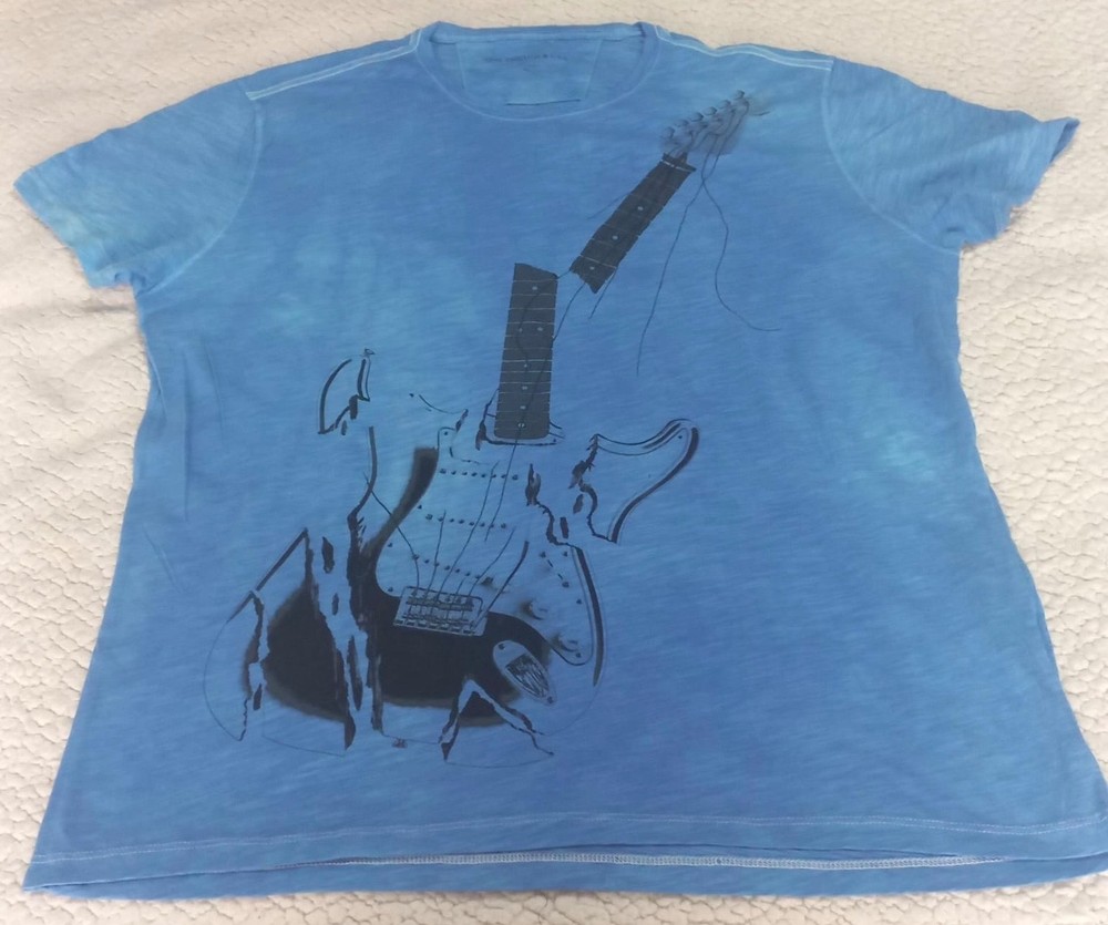 John Varvatos Star USA Men's Stone Wash Blue Broken Guitar Graphic Tee XL NWOT