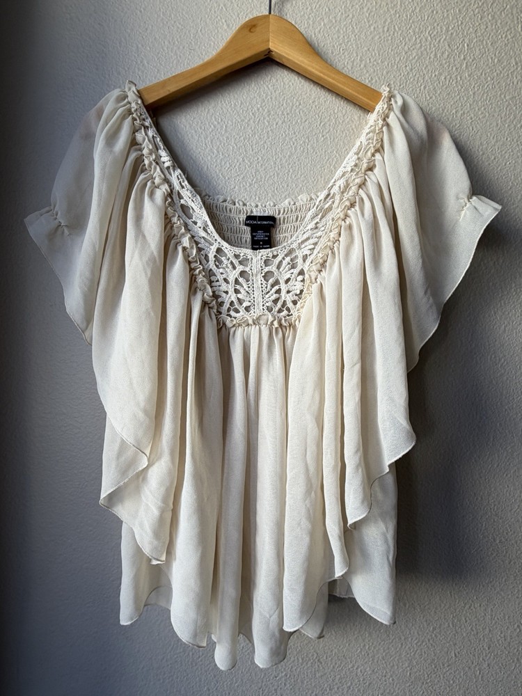 MODA Interntnl.  Ivory Crochet Chiffon Ruffle Blouse Scoop Neck S Boho Angelcore
