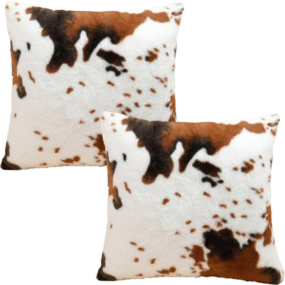 Farm Throw Pillow Covers with Luxury Faux Fur Cow Hide Skin Animal Print for Couch Decor