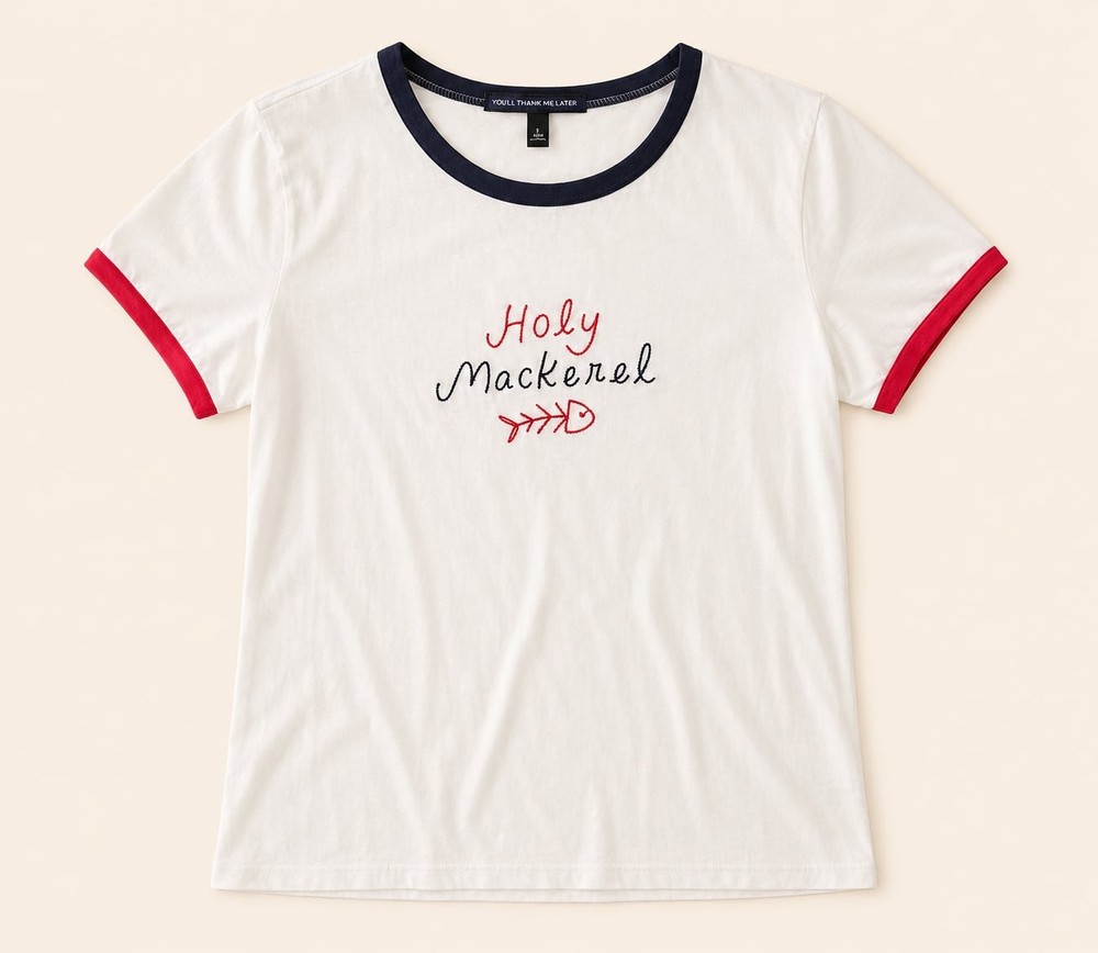 Mother “Holy Mackerel” Embroidered Ringer Tee Y2K Baby Tee Made in USA