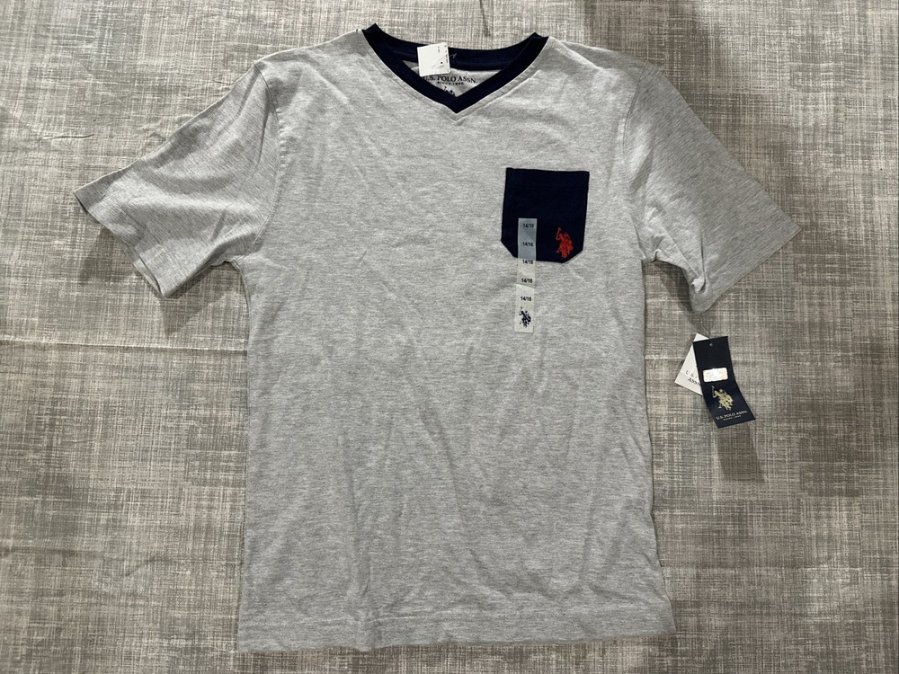 NWT U.S. Polo Assn. Boys V-Neck Pocket T-Shirt Gray Navy Size 14/16 Large USPA