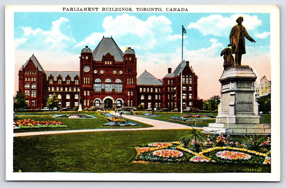Vintage Old Postcard Antique Parliament Buildings Statue Flowers Toronto Canada