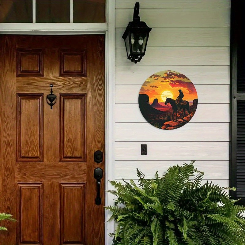 Western Cowboy Sunset Round Aluminum Sign 787Inch Waterproof