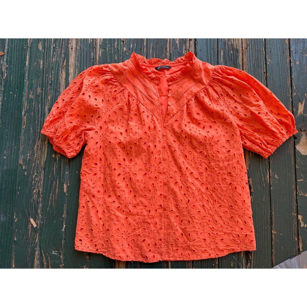 PrettyGarden Orange Eyelet Lace Blouse Short Puff Sleeve Ruffle Neck Top L