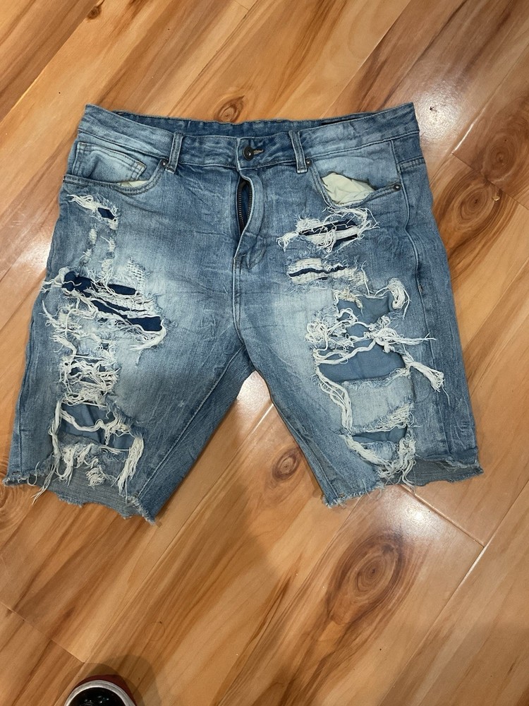 Smoke Rise Mens Blue Distressed Jean Shorts Size 36