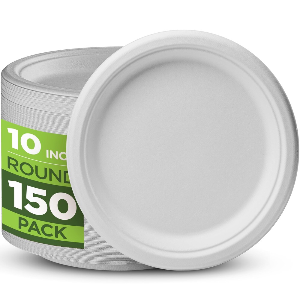 100% Compostable Paper Plates Heavy Duty -150 Pack Biodegradable Disposable P...