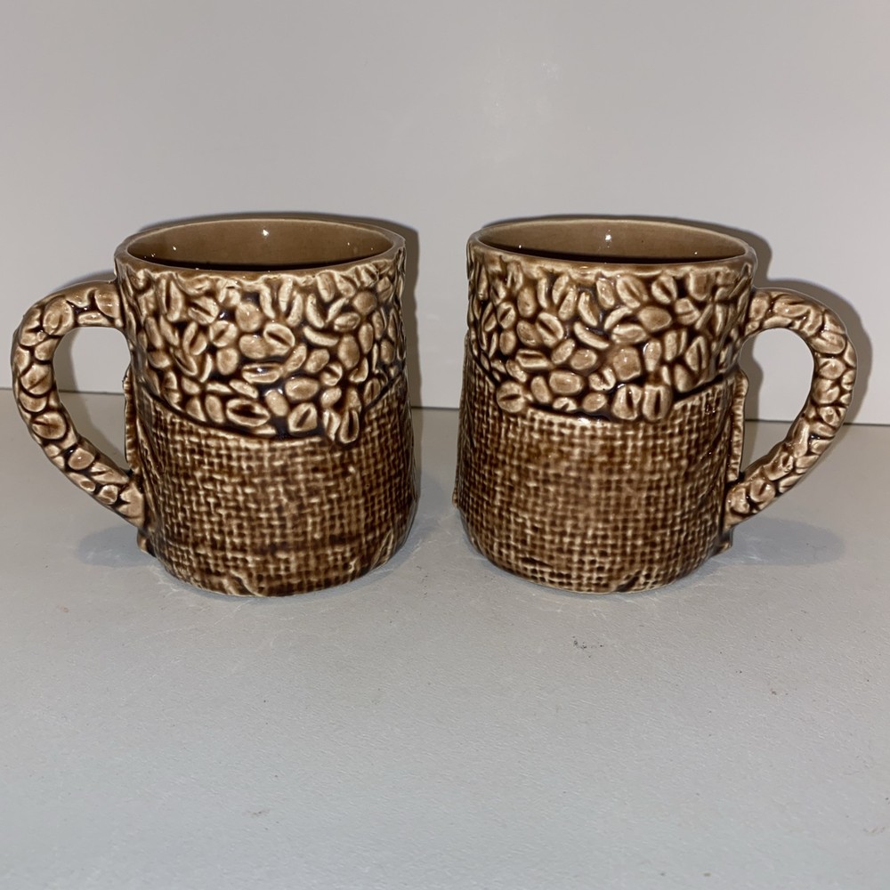 Vintage Coffee Cups Beans in Burlap Bag Set of 2 Mugs Japan