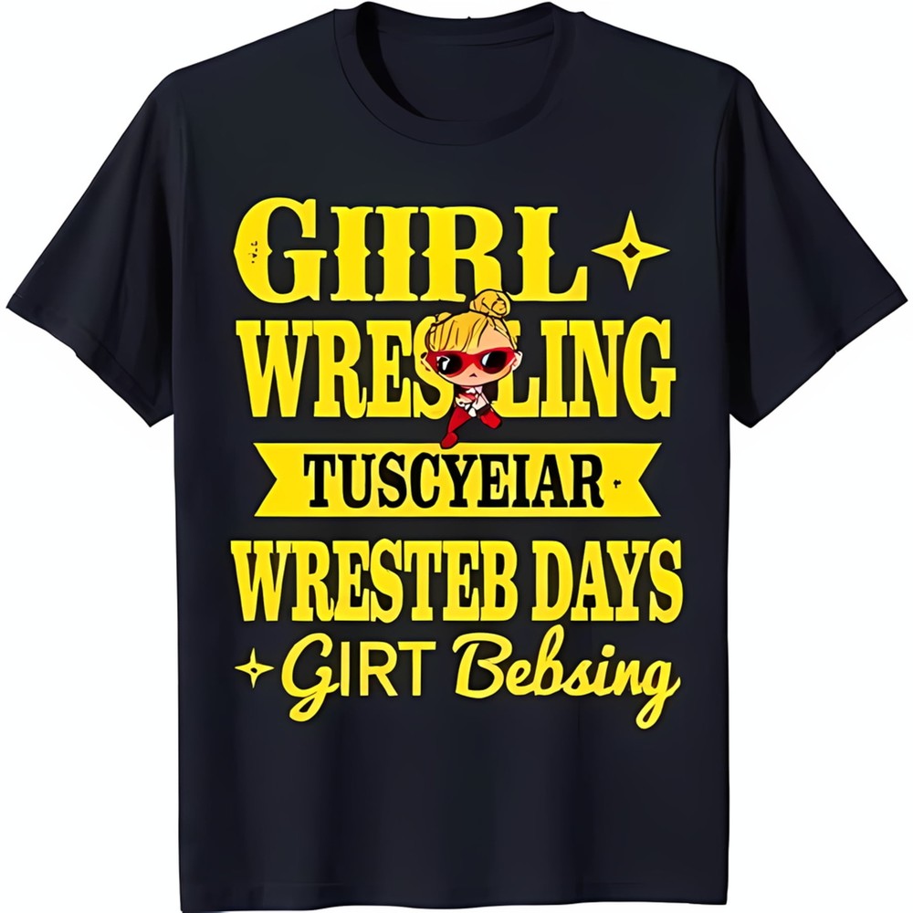 Black T-Shirt with Cartoon Girl in Sunglasses Wrestling Design