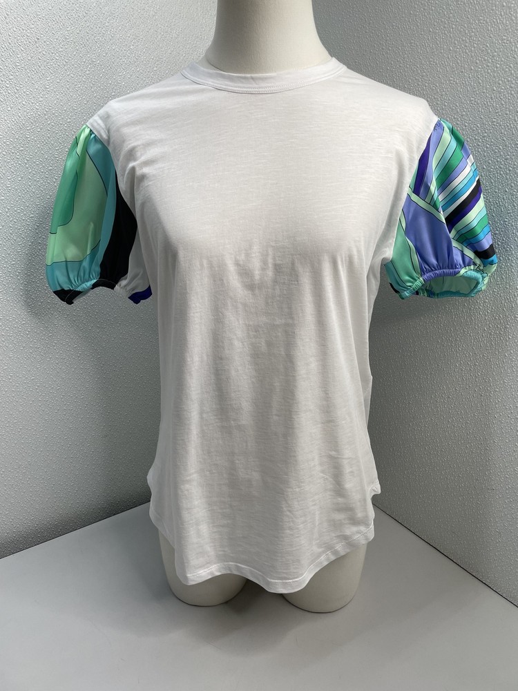 Pucci Womens Shirt White/Multicolor Size M Cotton Printed Puff Sleeve Crewneck