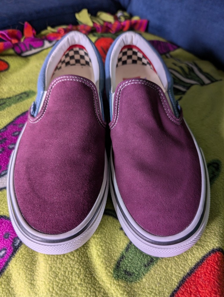 Vans Skate Slip-On Shoes Two-Tone Burgundy Maroon & Light Blue Suede Sz 7.5