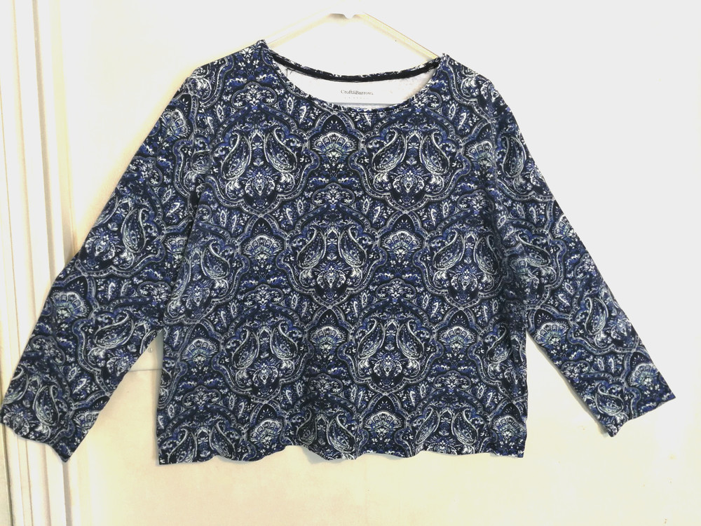 Croft & Barrow Womens Blouse XXL Paisley Blue White Classic Tee Shirt 3/4 Sleeve