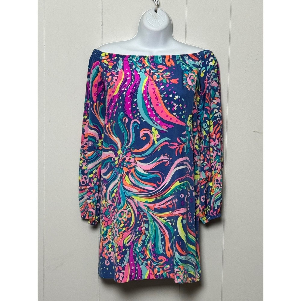 Lilly Pulitzer Silk Blend Off The Shoulder Dress Blue Pink Floral Print Size XS