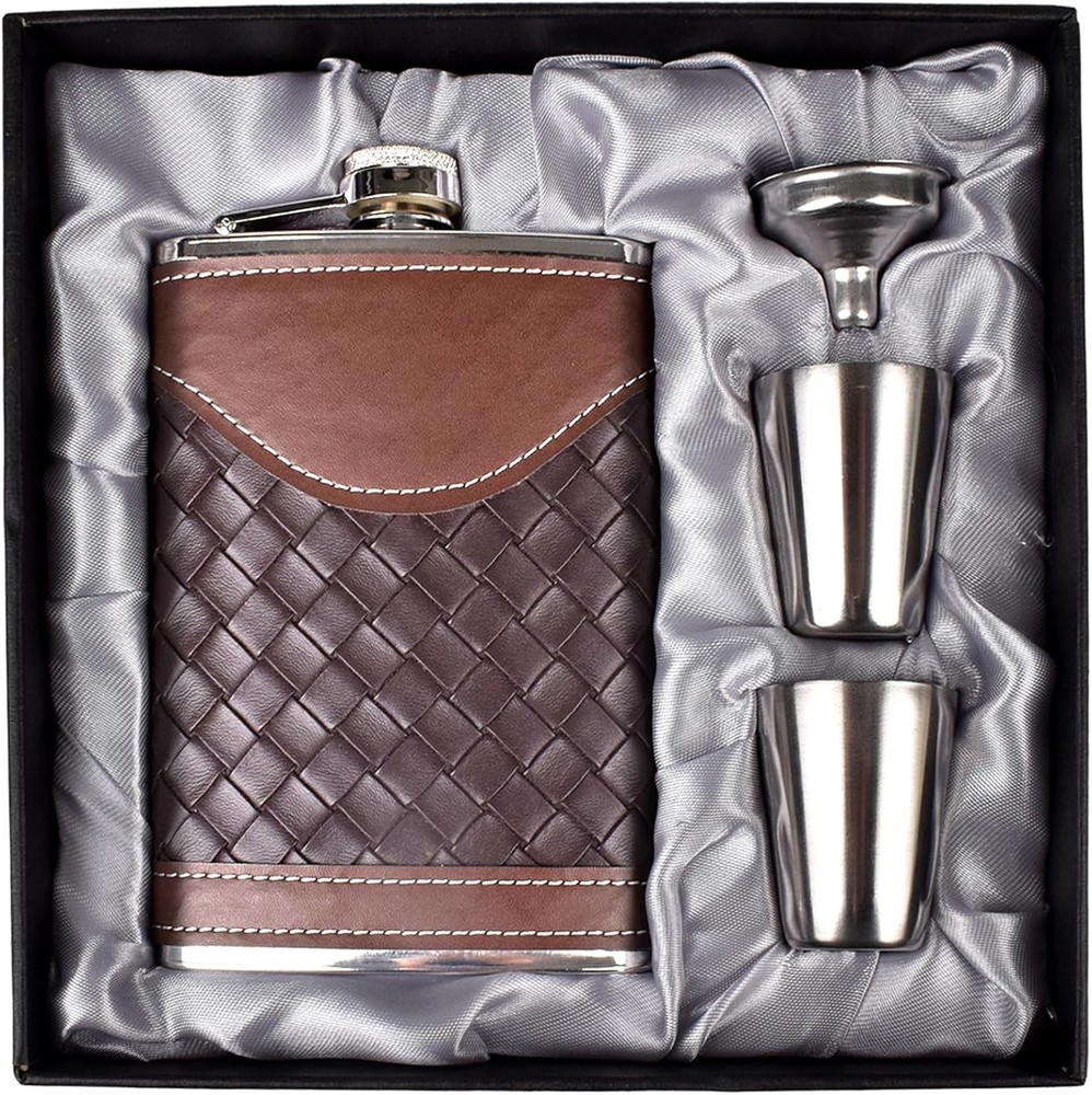 8oz Dark Brown Leather Hip Flask for Men with Stripe Design – Perfect Gift  