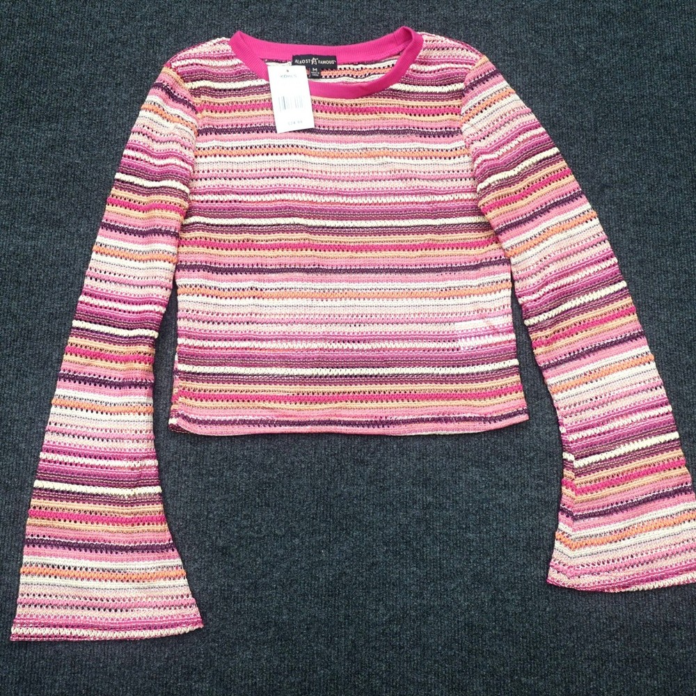 Almost Famous Crop Top Striped Crotchet Y2K Bell Sleeve Women Size M Pink Combo