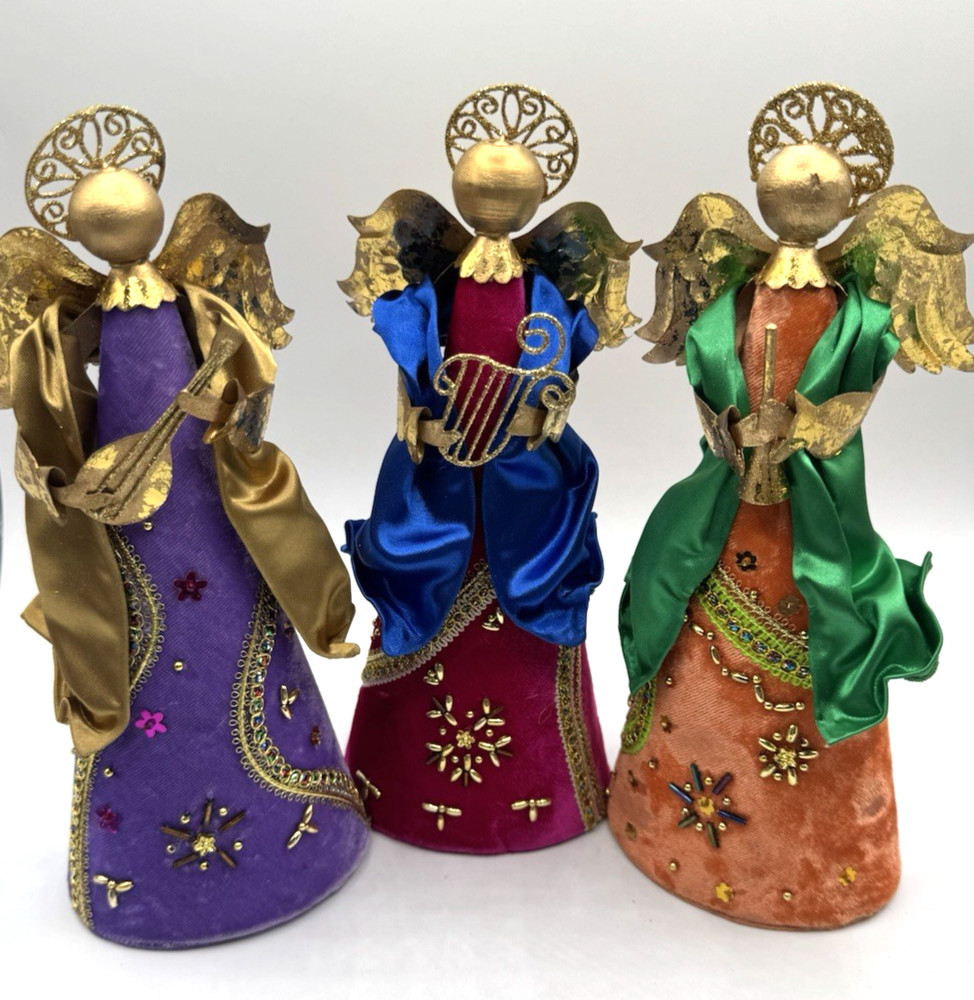 Pier 1 Christmas Angels Angel Harp Trumpet Gold Metal Wings Velvet Beaded Set 3