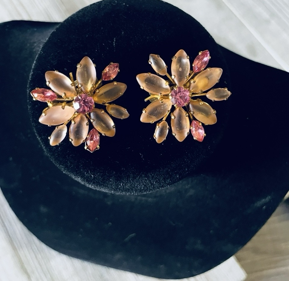 Pink Frosted Lucite Rhinestones Flower Earrings VTG Signed Made In West Germany