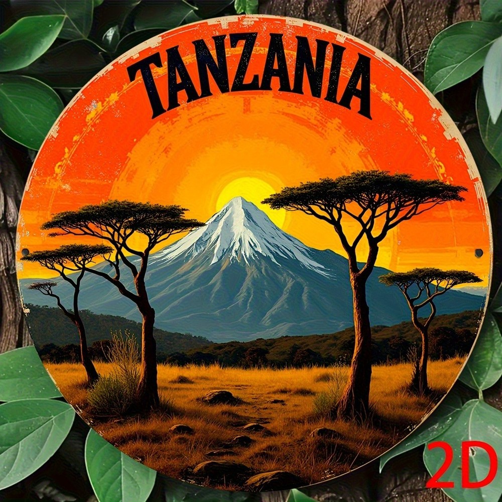 Tanzania Mountain Sunset Round Aluminum Wall Art Landscape