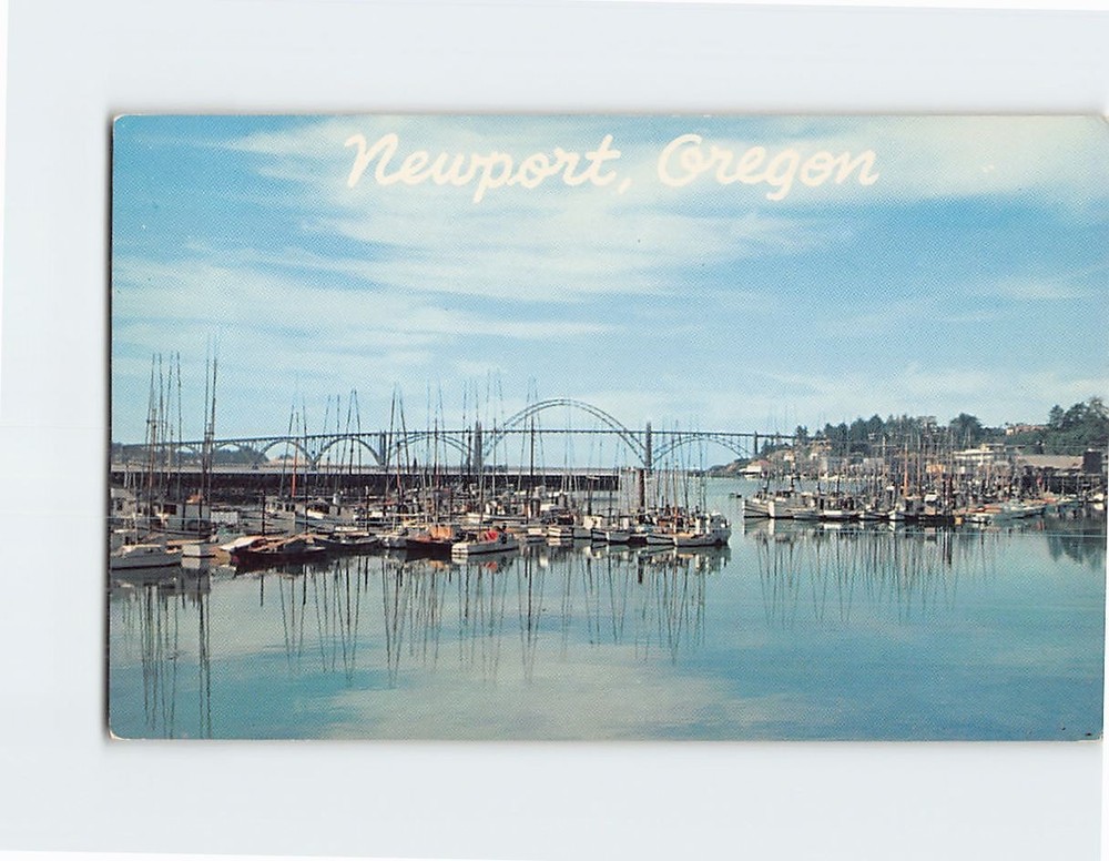 Postcard Commercial Fishing Fleet & Yaquina Bay Bridge Newport Oregon USA