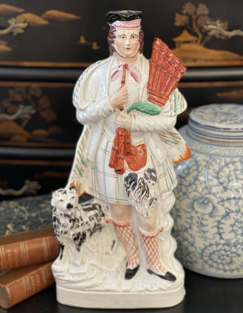 Rare Antique 19C English Staffordshire Piper Hunter Spaniel Dog Figure 16.5”