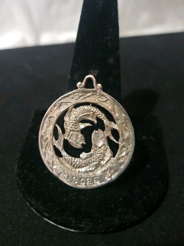 Vintage Pisces Zodiac Pendant Silver Tone Round Fish Charm