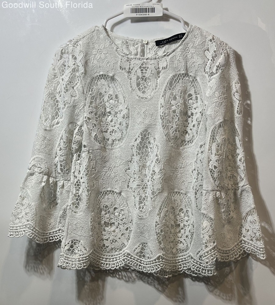 Zara Womens White Lace Bell Sleeve Round Neck Keyhole Back Blouse Top Size S