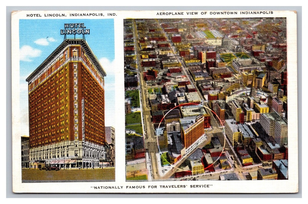 Indianapolis, IN Indiana, Hotel Lincoln, Aerial & Street View, Linen Postcard