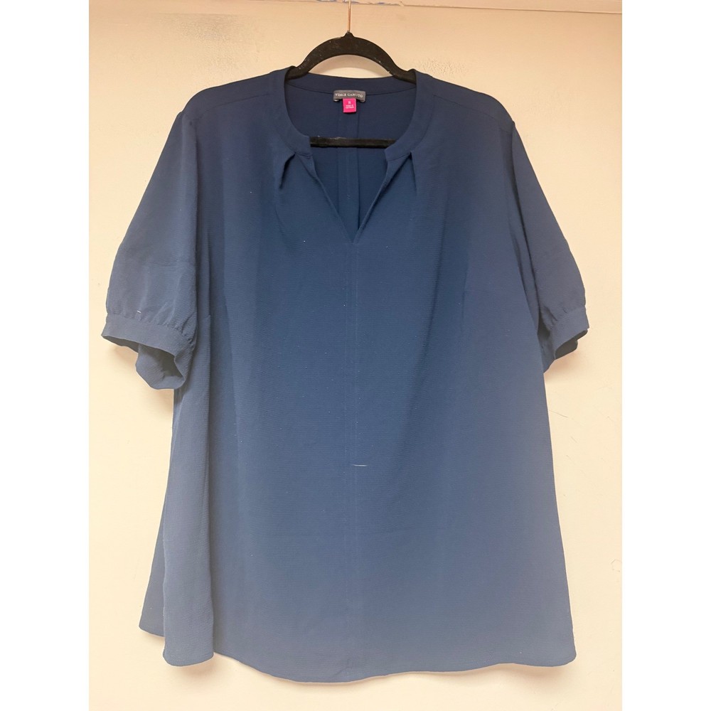Vince Camuto Blouse Womens 1X Navy Blue Excellent Short Sleeve Notched V-Neck
