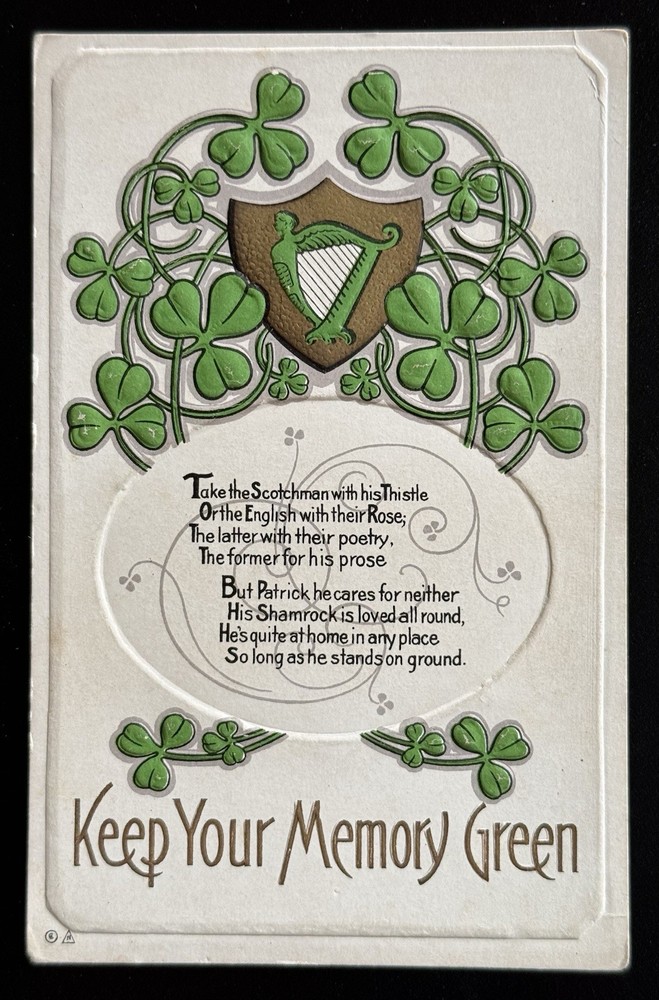HARP, Colorful SHAMROCKS On Beautiful Vintage Unused ST. PATRICK'S DAY Postcard