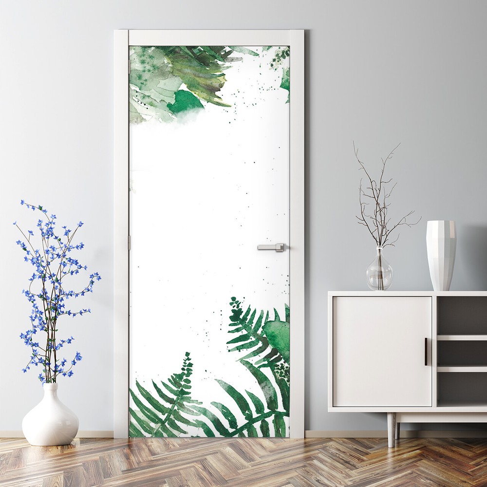 Tropical Green Leaf Jungle Floral Watercolor Adhesive Door Sticker