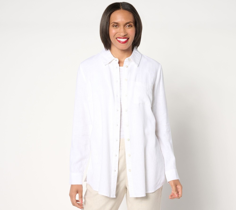 Denim & Co. Women's Top Sz S Naturals Linen Blend Regular White A643833