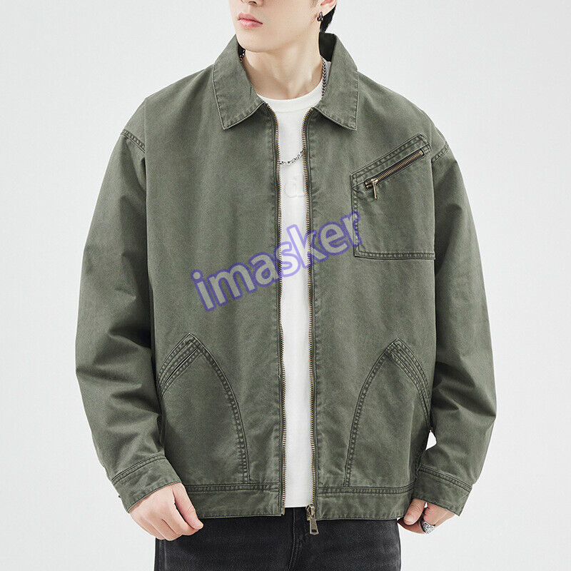 Men's Retro Work Jackets Zip Loose Fashion Classic Casual Coat Outerwear Outdoor