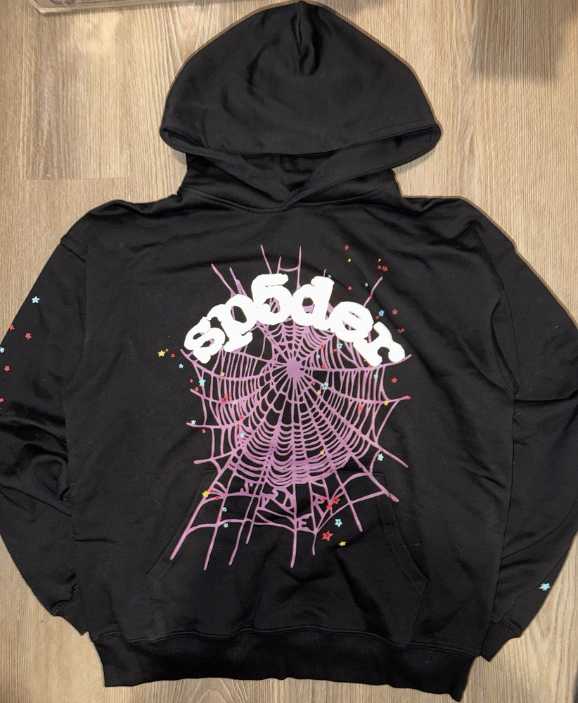 Sp5der Black Pullover Hoodie M Unisex Spider Web Graphic Pink White Accents