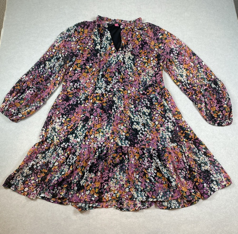 Vince Camuto Women's Floral Print Long Sleeve Dress Ruffle-Tier Medium