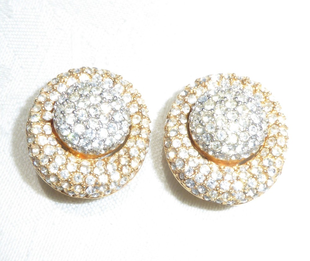 Vintage Gold Silver Tone Crystal Rhinestone Clear Eaerrings By Nina Ricci Clips
