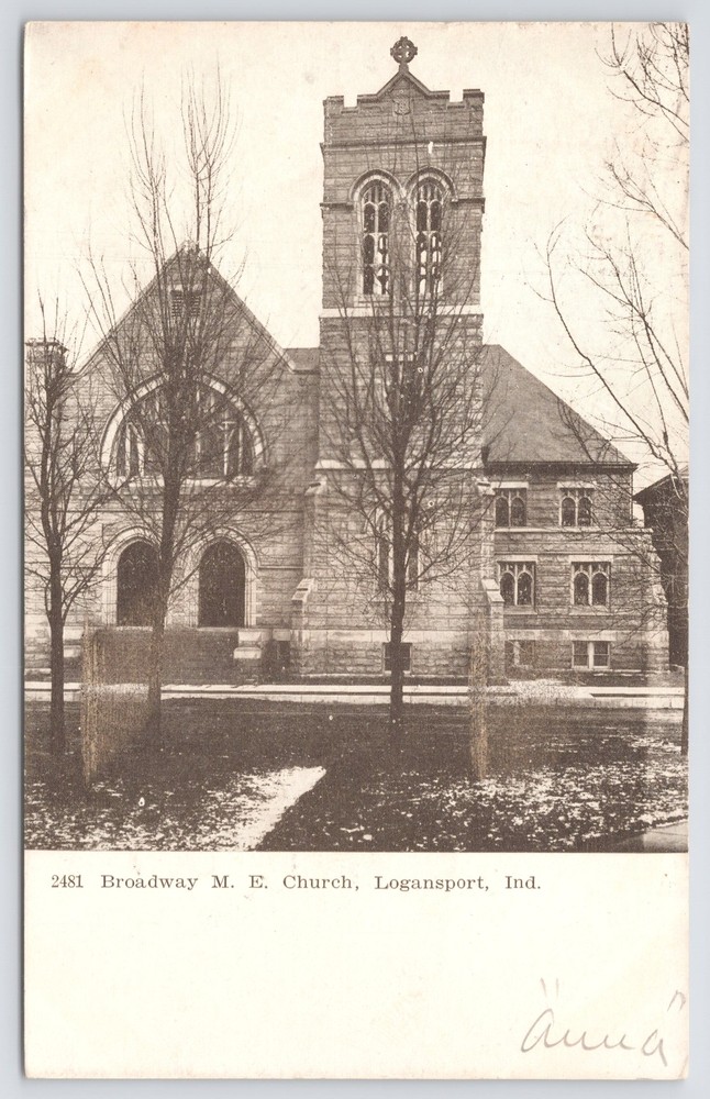 Logansport Indiana~B&W Broadway ME Church in Winter~PM 1907 Postcard