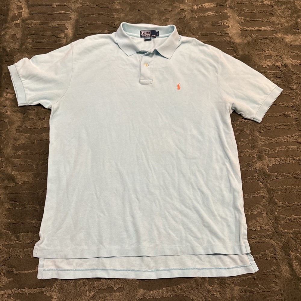 Polo Ralph Lauren Men's Large Light Blue Short Sleeve Shirt with Pink Pony