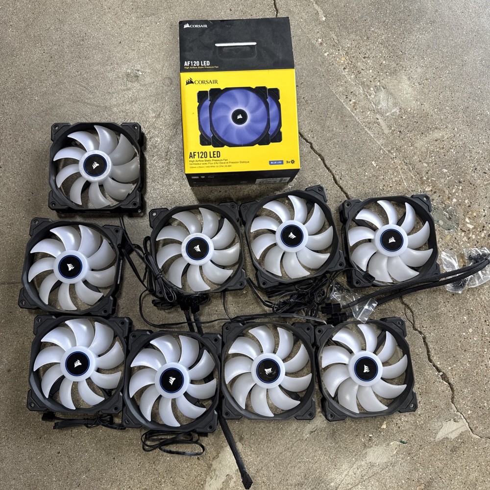 LOT OF 9 Corsair AF120 120mm BLUE LED Fans Black - Hardly Used