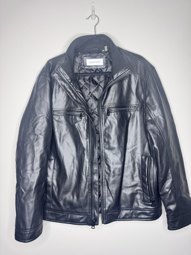 Calvin Klein Men’s Faux Leather Jacket Black Size L Quilted Lining Zip Pockets